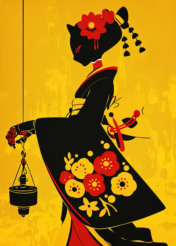 Cat Geisha with Lantern Illustration