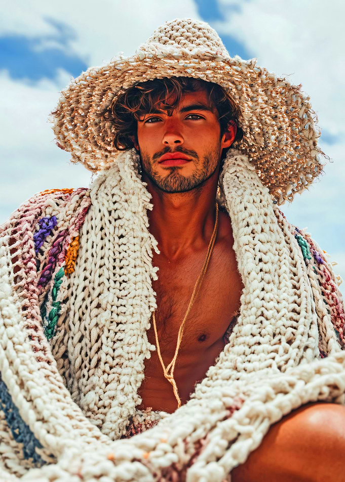 Man in Crochet Hat and Shawl