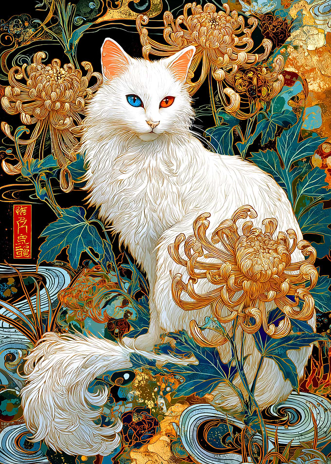 Heterochromatic Cat with Chrysanthemums