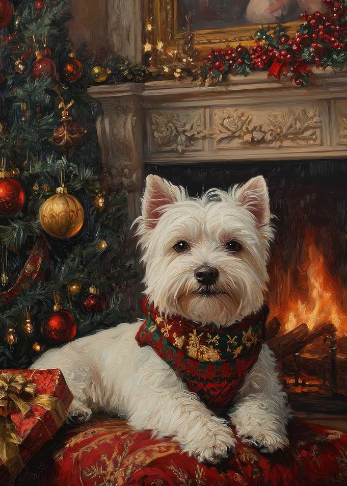 Westie Christmas by Fireplace Painting | Christmas Dog Art