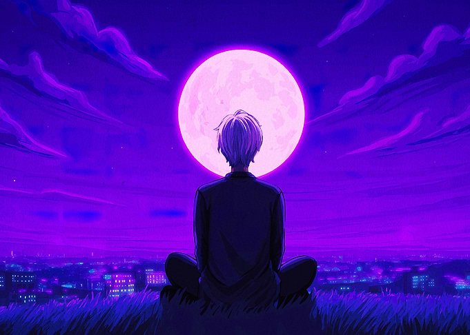 Anime Boy Meditating Under the Moon