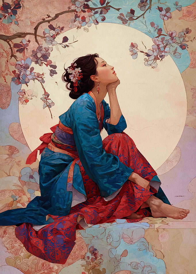 Asian Woman in Kimono with Blossoms