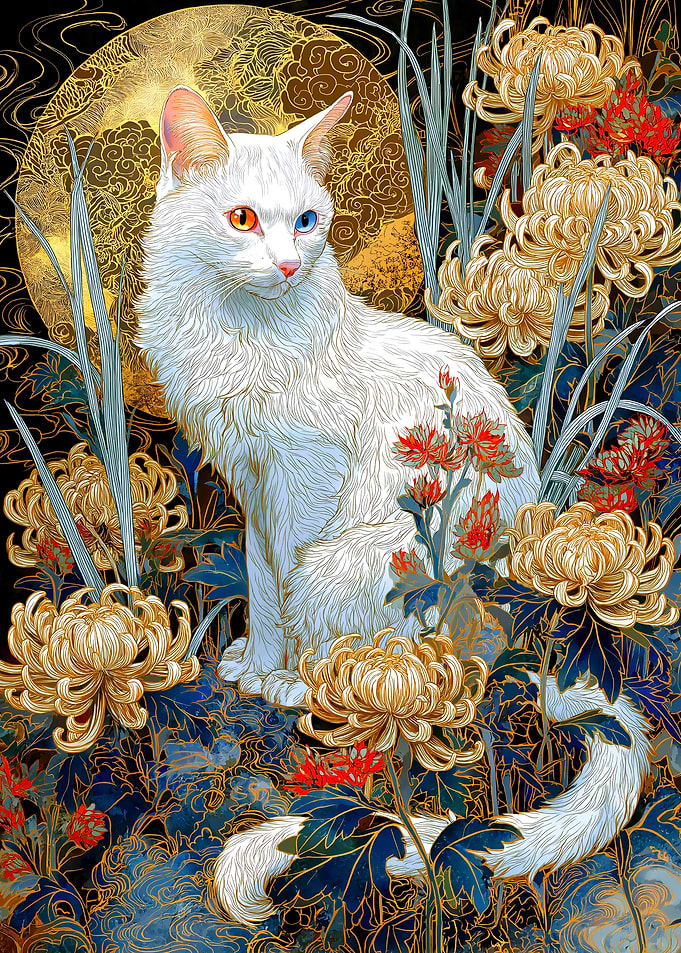 White Cat with Heterochromia in Floral Setting