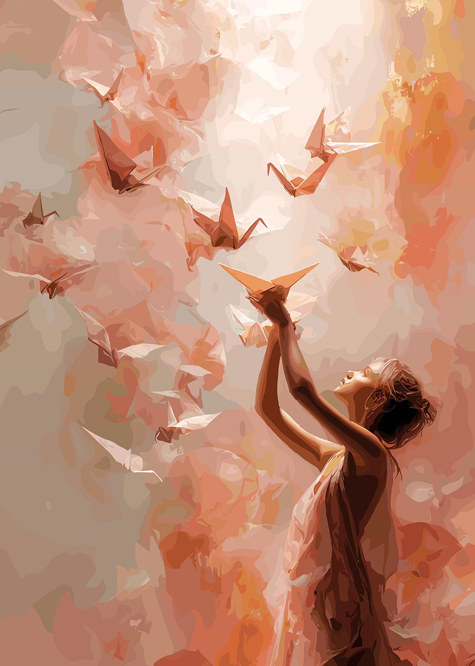 Woman with Origami Cranes