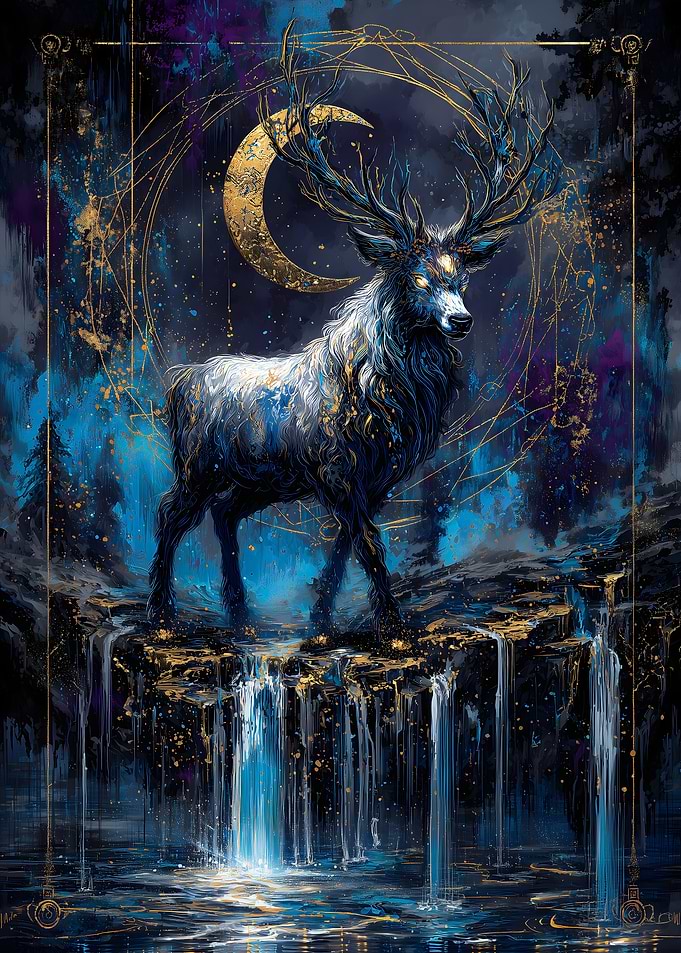 Mystical Deer with Crescent Moon