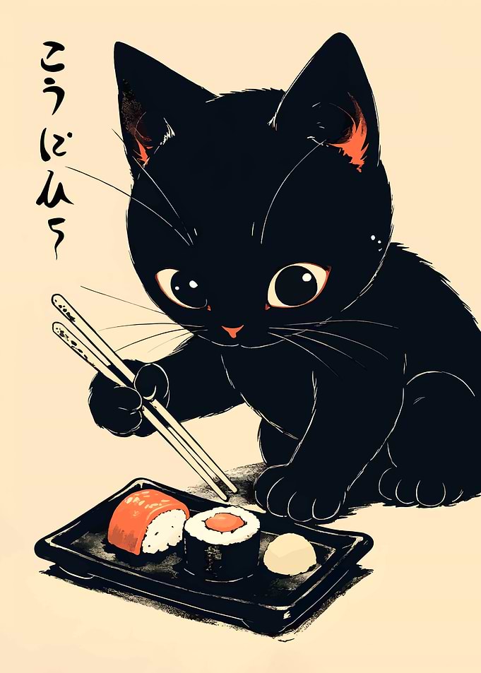 Black Cat with Sushi