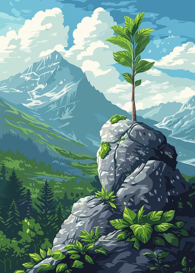Mountain Landscape with Tree on Rock