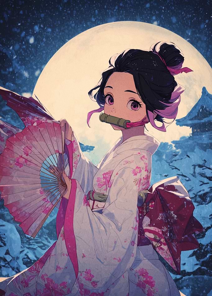Anime Girl with Fan in Snowy Landscape