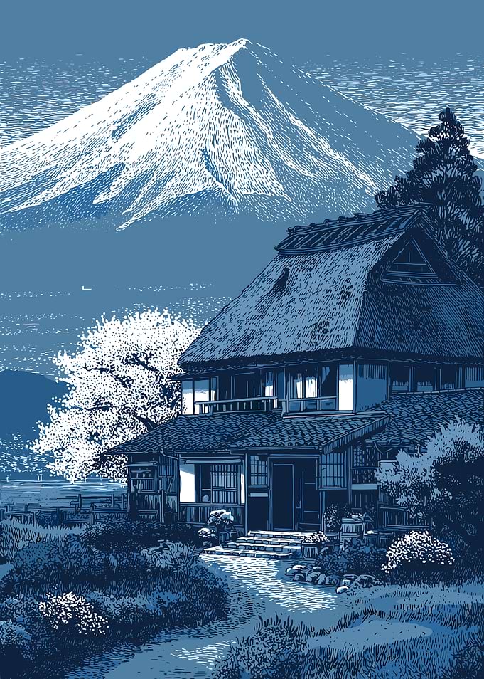 Japanese House with Mount Fuji