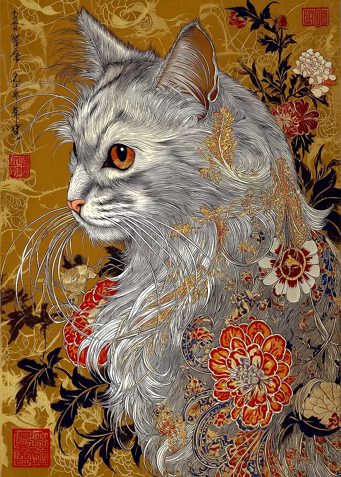 Ornate Cat Portrait with Floral Design