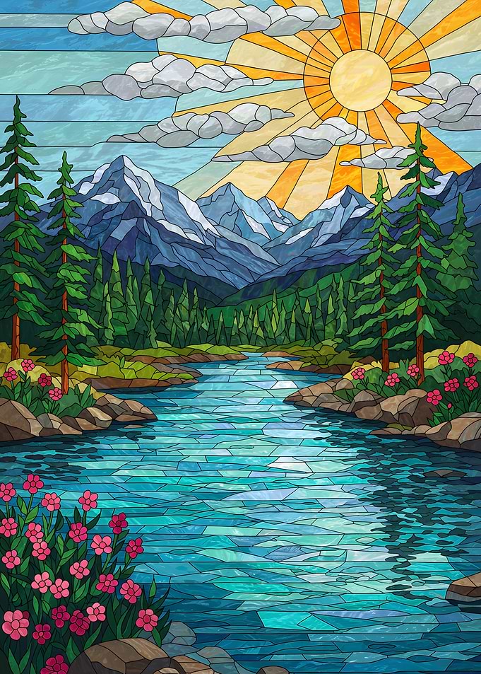 Stained Glass Mountain River Landscape