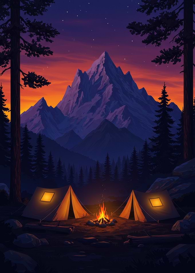 Camping Under the Mountain at Night
