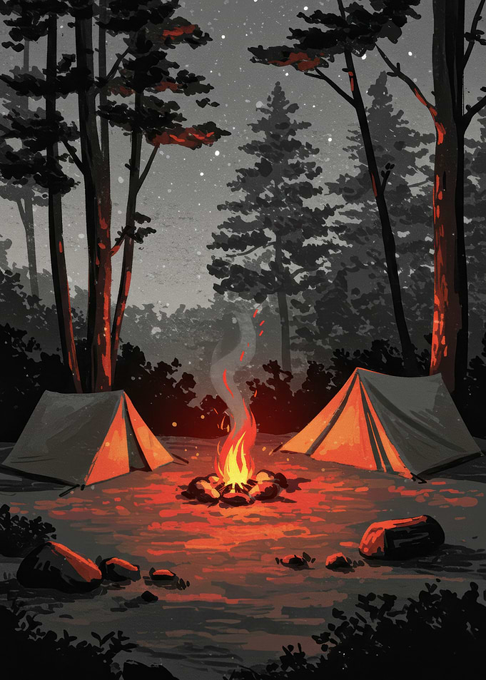 Night Camping with Bonfire and Tents