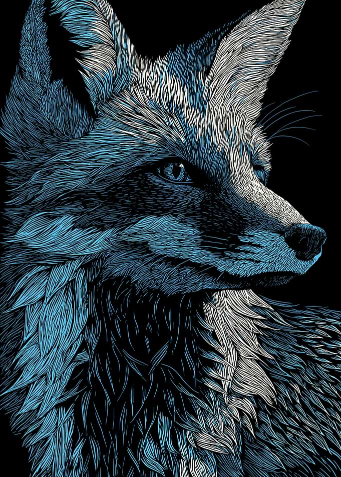 Fox Portrait in Blue and White