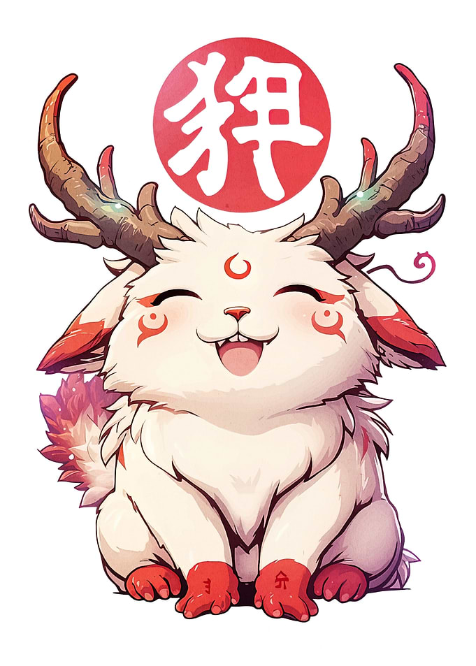 Cute Cartoon Deer Spirit with Kanji