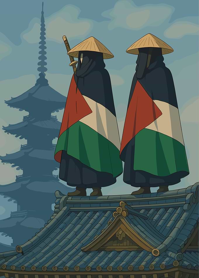 Palestinian Warriors on Japanese Pagoda Roof