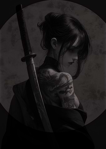 Monochrome Samurai Woman with Dragon Tattoo