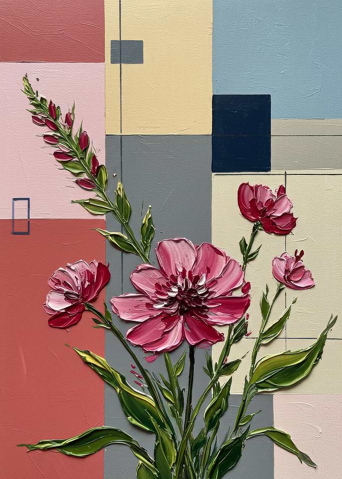 Abstract Floral Painting with Geometric Background