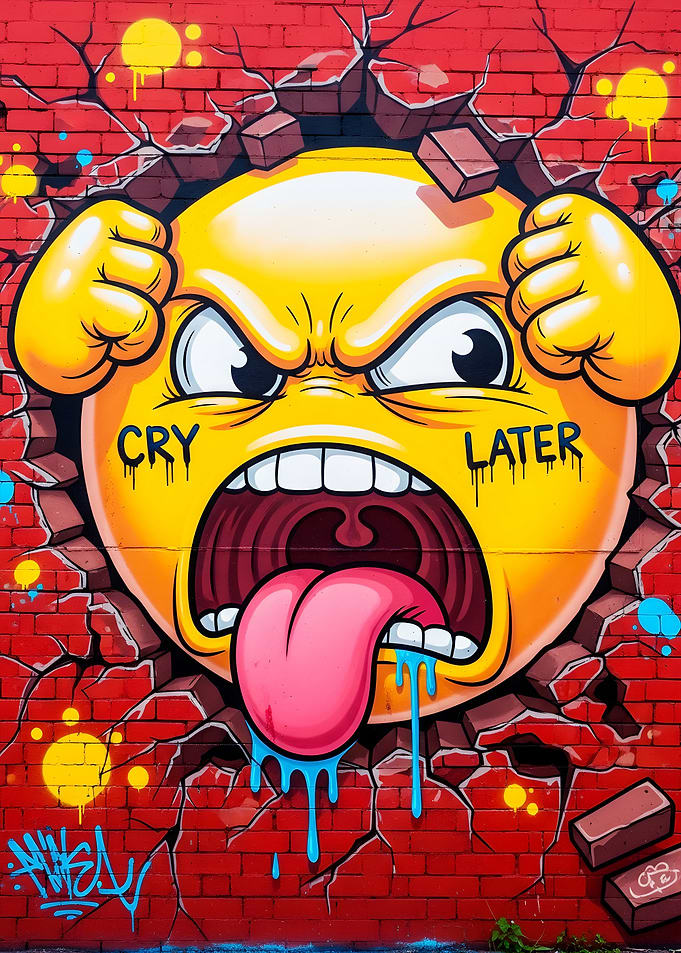 Angry Emoji Graffiti on Brick Wall