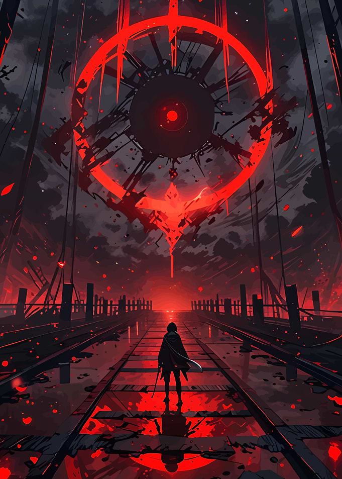 Red Symbol Overlooking Figure on Tracks
