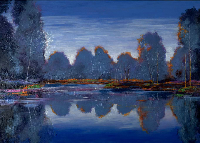 Blue Landscape Painting with Lake Reflection