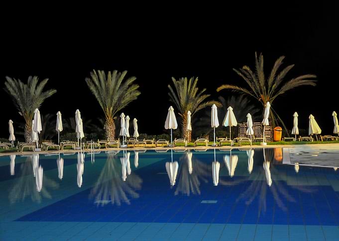 Night Pool with Palm Trees Reflection