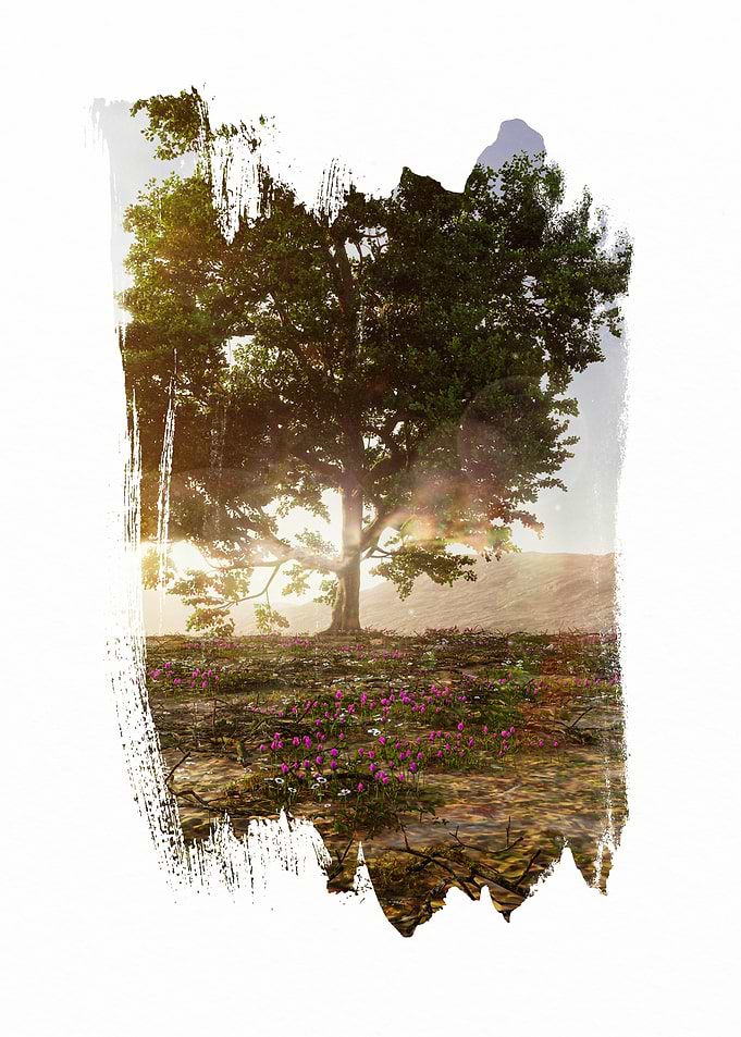 Tree with Flowers Landscape Brush Stroke