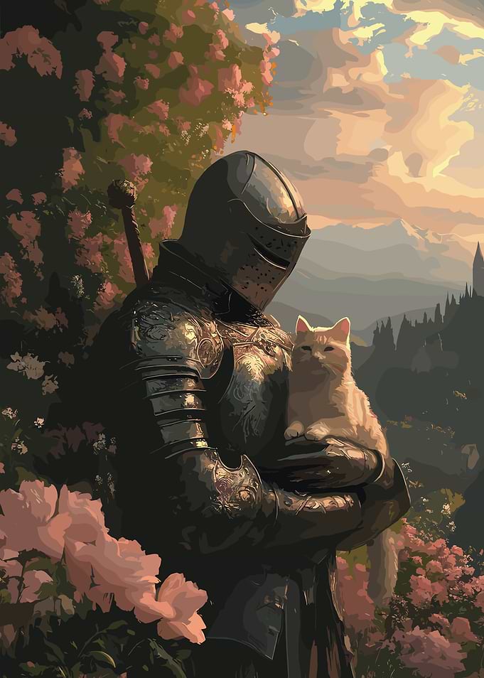 Knight holding a cat in garden