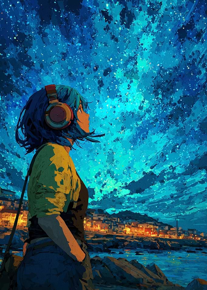 Anime Girl Stargazing with Headphones