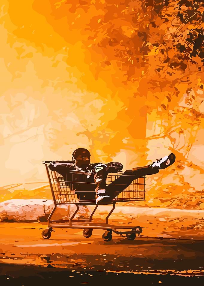 Man Relaxing in Shopping Cart Art