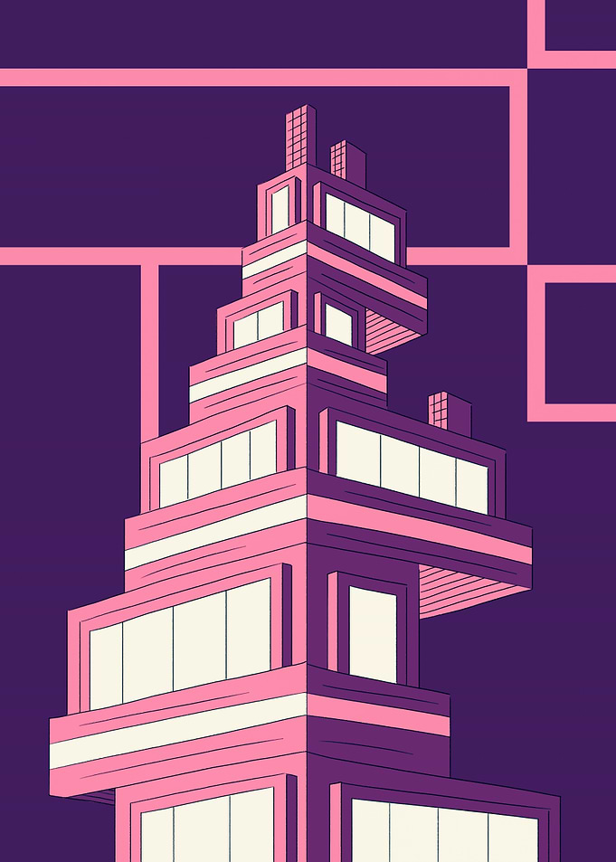 Pink and Purple Geometric Building