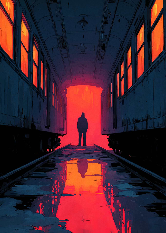 Silhouette in Train Depot with Reflections