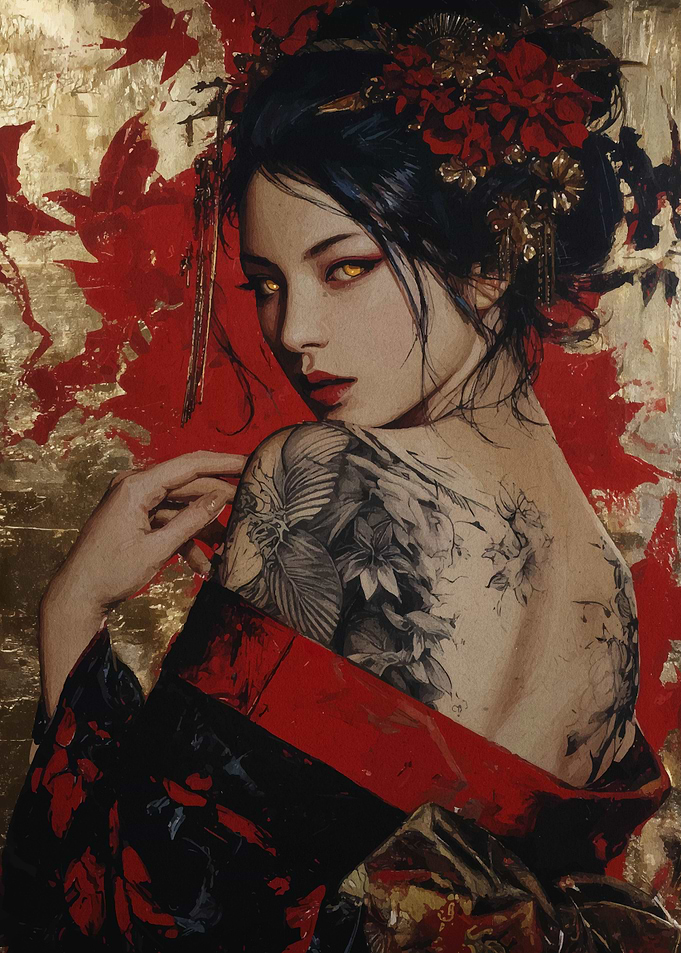 Geisha with Floral Tattoo and Kimono