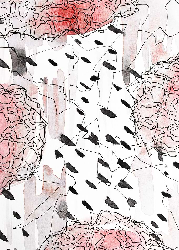 Abstract Watercolor with Ink Lines and Shapes