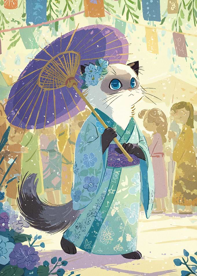 Cat in Kimono with Parasol