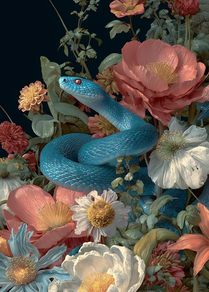 Blue Snake Among Flowers