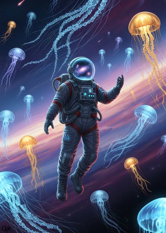 Astronaut in Space with Jellyfish
