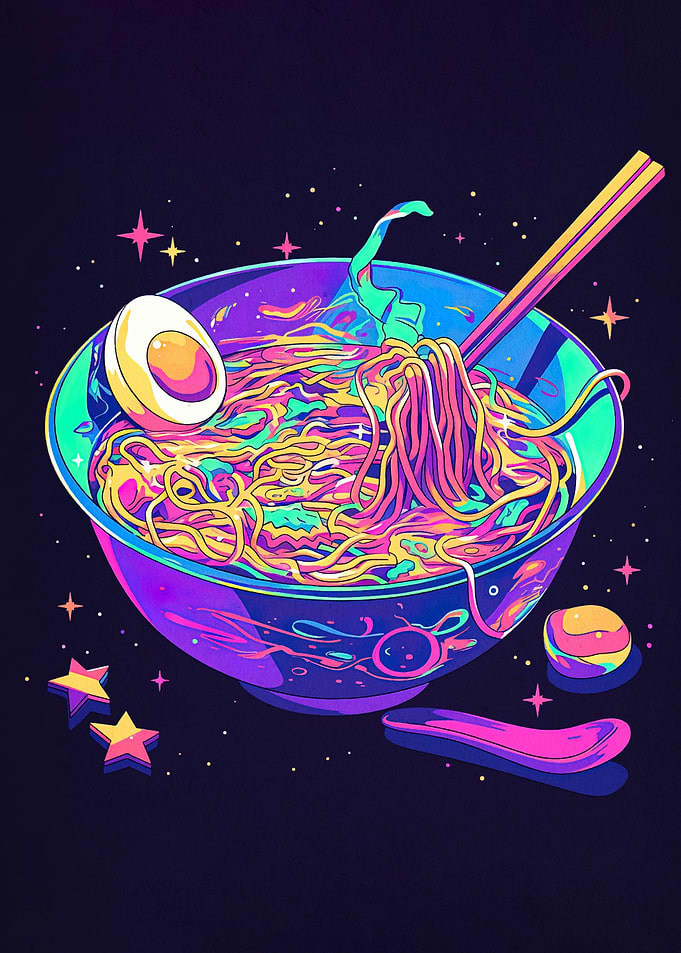 Neon Ramen Bowl with Egg and Chopsticks