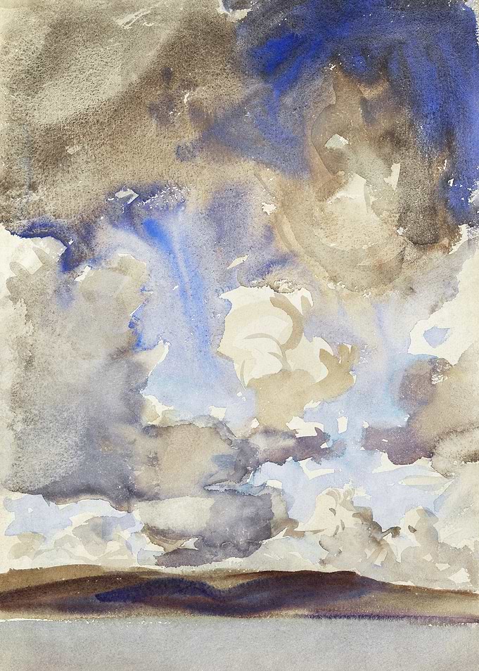 Watercolor Sky with Clouds and Land