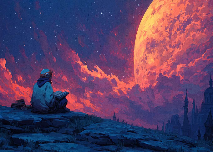 Night Reader Under a Giant Moon
