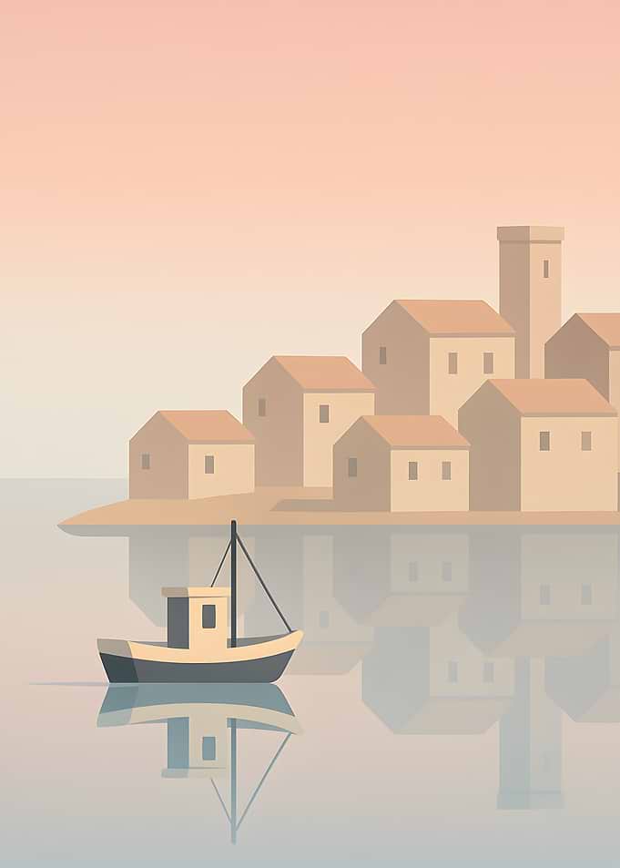 Minimalist Coastal Village with Boat Reflection