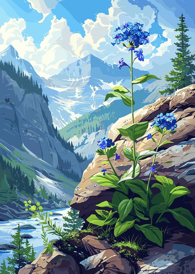 Blue Flowers in Mountain Landscape