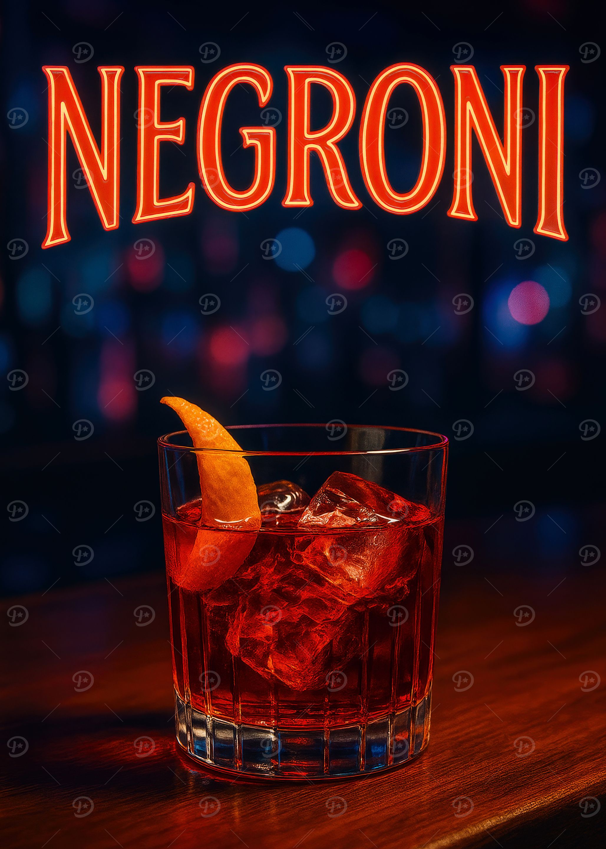 Negroni cocktail in glass with orange twist on bar counter