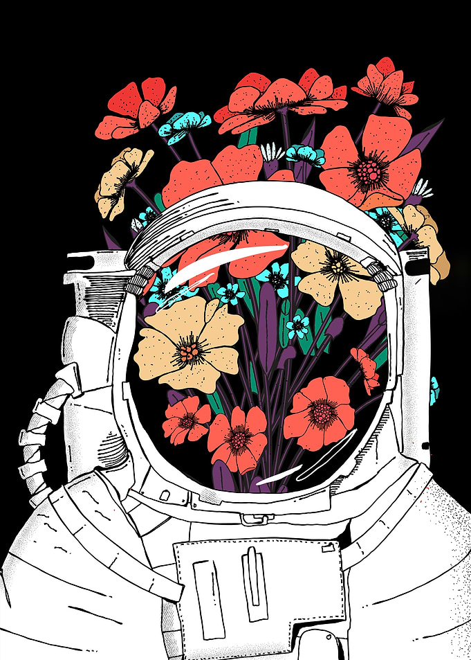 Astronaut Helmet Filled with Flowers