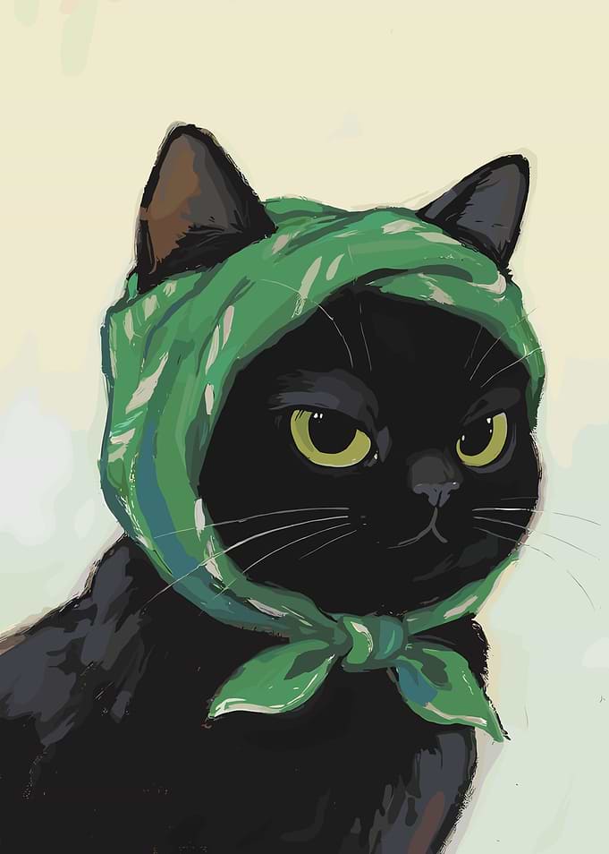 Black Cat with Green Headscarf Portrait