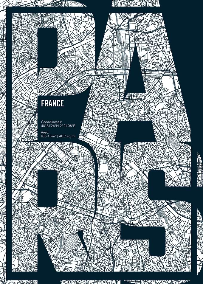 Paris France Map Typography Art