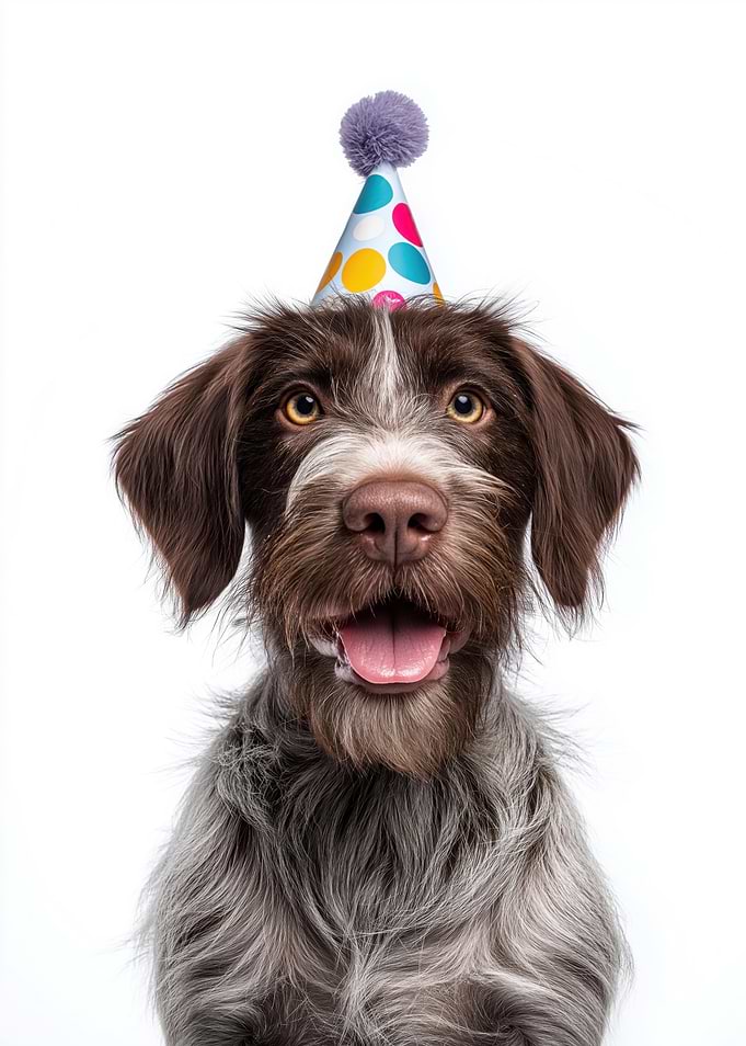 Party German Wirehaired Pointer Dog Portrait with Birthday Hat