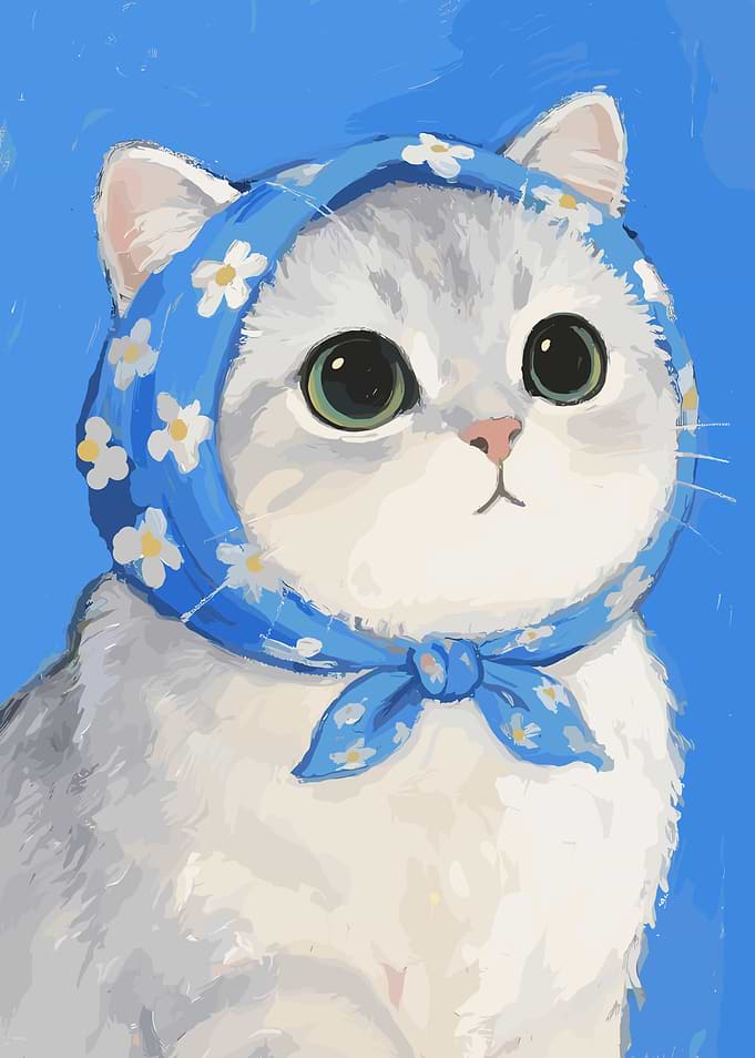 Cat with Blue Floral Headscarf Portrait