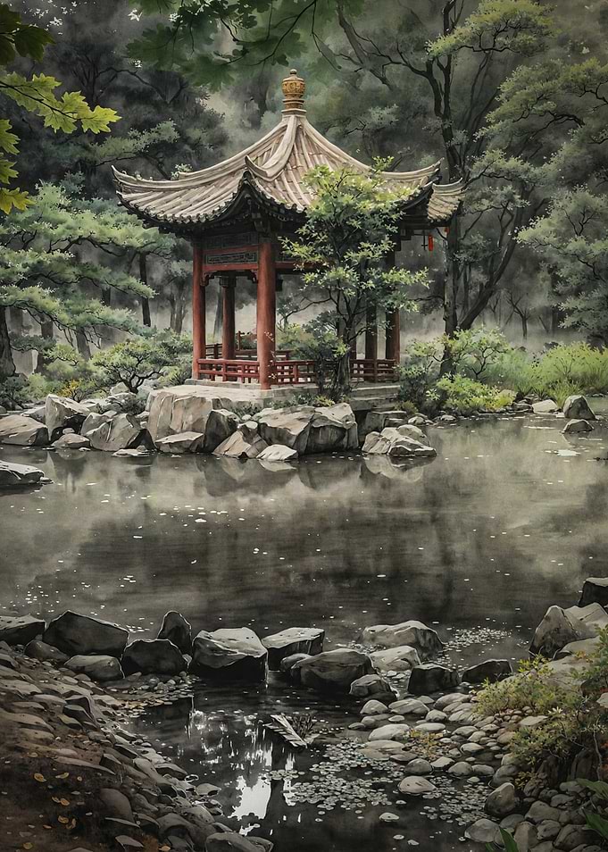 Asian Garden Pavilion Watercolor Painting