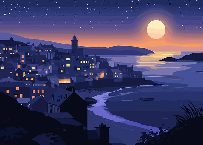 Nighttime Coastal Village Illustration